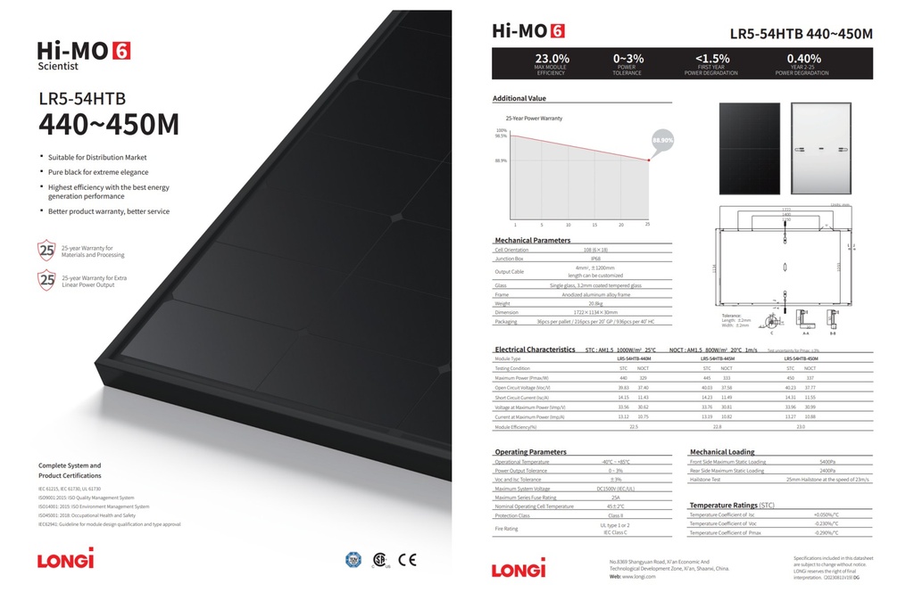 Longi Hi-MO X6 440W All Black Solar Panel (LR5-54HTB-440M)