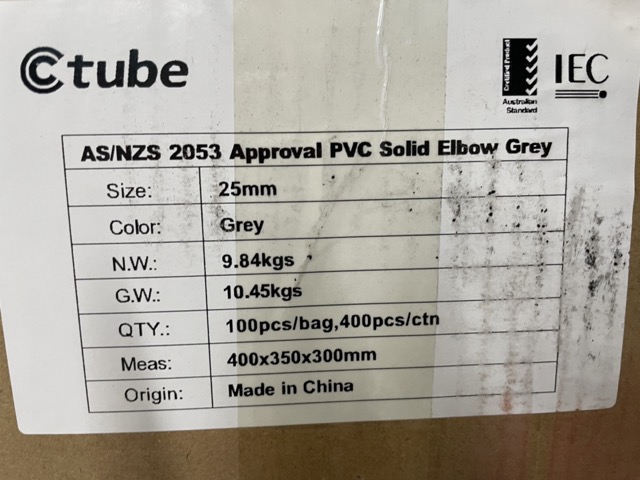 25mm PVC Solid Elbow – Grey (AS/NZS 2053 Approved) 