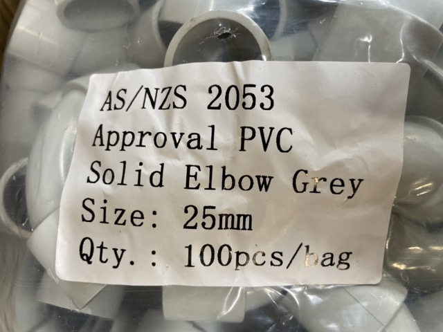 25mm PVC Solid Elbow – Grey (AS/NZS 2053 Approved) 