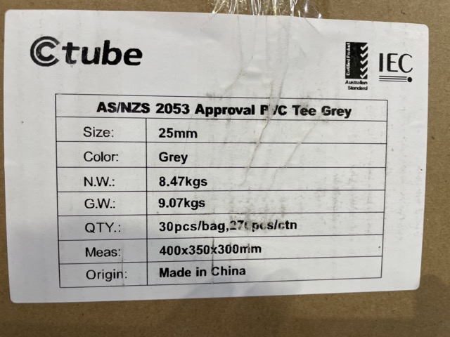 25mm PVC Tee – Grey (AS/NZS 2053 Approved) 