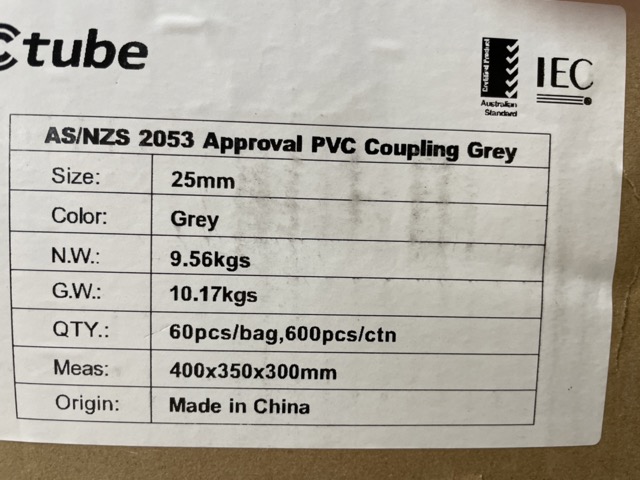 25mm PVC Coupling – Grey (AS/NZS 2053 Approved) 