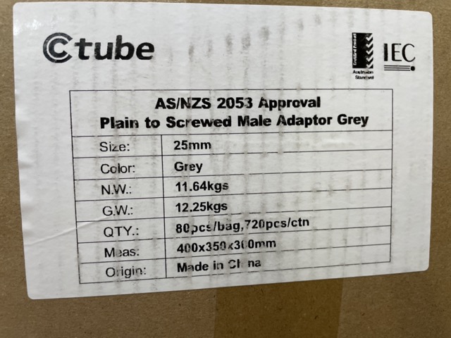 25mm PVC Plain to Screwed Male Adaptor – Grey (AS/NZS 2053 Approved) 