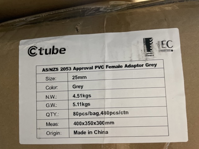 25 mm PVC Female Adaptor – Grey (AS/NZS 2053 Approved) 